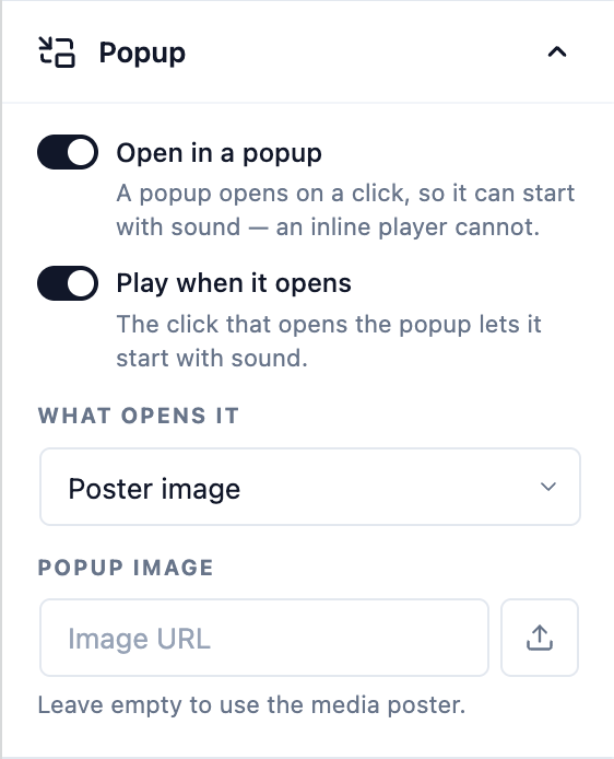 Ink Player - Video popup settings